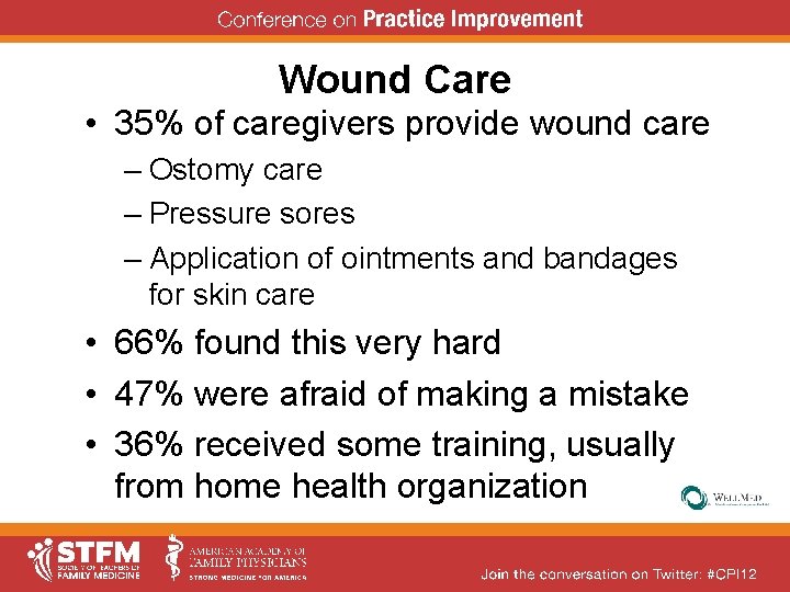 Wound Care • 35% of caregivers provide wound care – Ostomy care – Pressure Wound Care • 35% of caregivers provide wound care – Ostomy care – Pressure