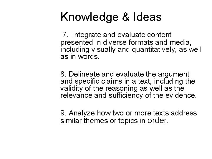 Knowledge & Ideas 7. Integrate and evaluate content presented in diverse formats and media, Knowledge & Ideas 7. Integrate and evaluate content presented in diverse formats and media,