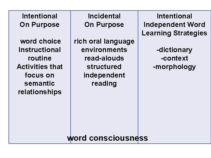 Intentional On Purpose Incidental On Purpose word choice Instructional routine Activities that focus on