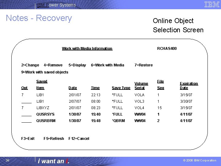 IBM Power Systems Notes - Recovery Online Object Selection Screen Work with Media Information