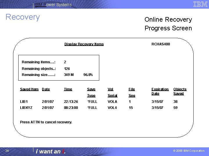 IBM Power Systems Recovery Online Recovery Progress Screen Display Recovery Items Remaining items…. :