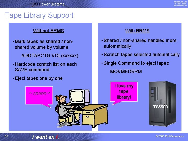 IBM Power Systems Tape Library Support Without BRMS • Mark tapes as shared /