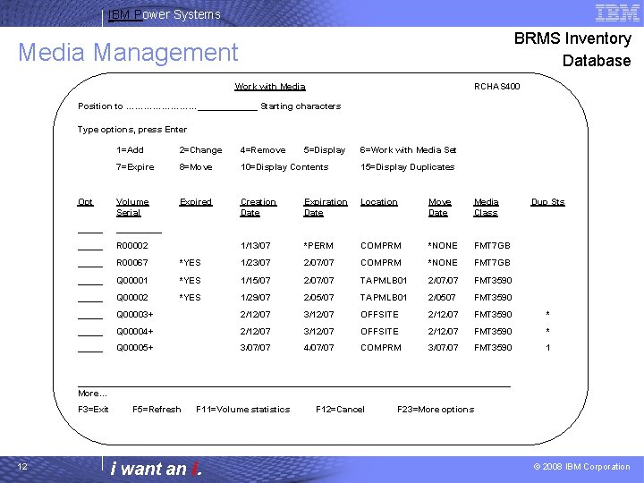 IBM Power Systems BRMS Inventory Database Media Management Work with Media RCHAS 400 Position