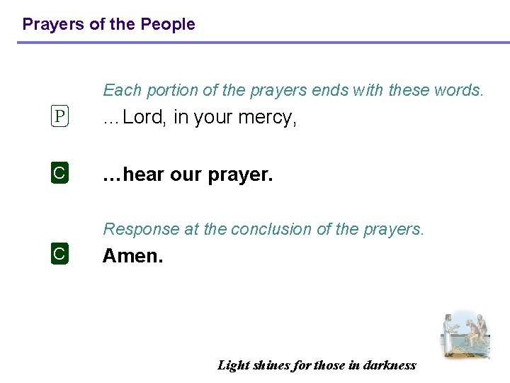 Prayers of the People Each portion of the prayers ends with these words. P