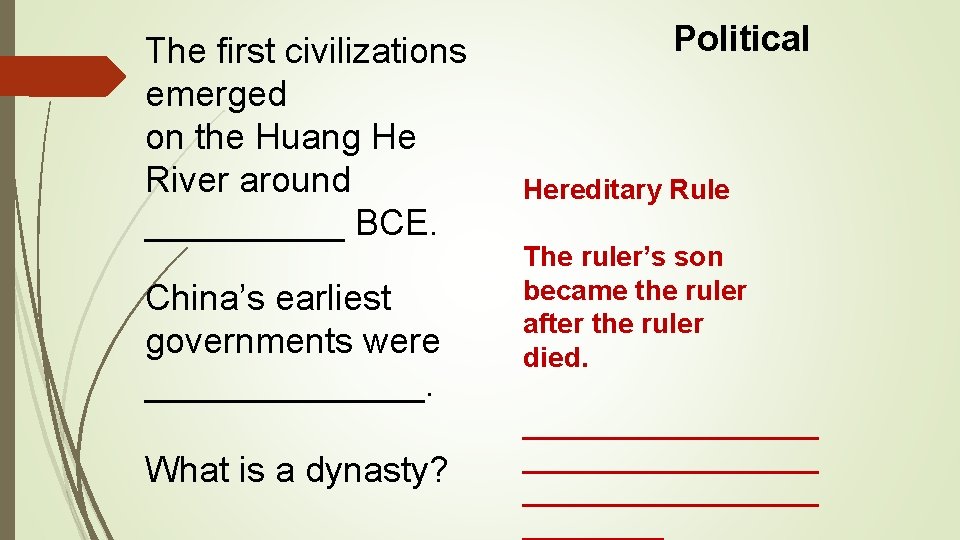 The first civilizations emerged on the Huang He River around _____ BCE. China’s earliest