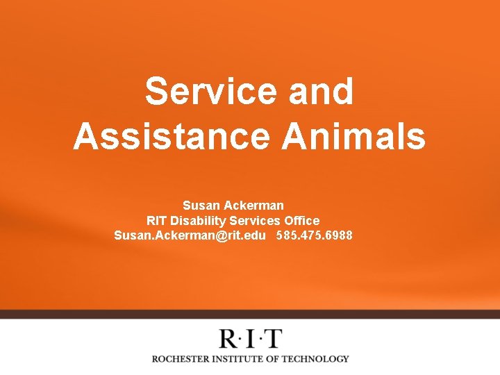 Service and Assistance Animals Susan Ackerman RIT Disability Services Office Susan. Ackerman@rit. edu 585.