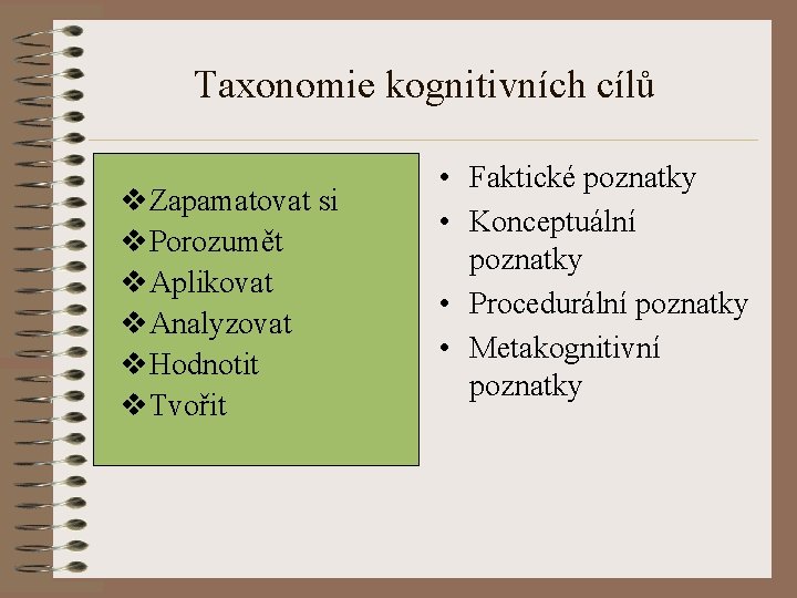 Taxonomie kognitivních cílů • Zapamatovat si • v Porozumět • v Aplikovat • Analyzovat