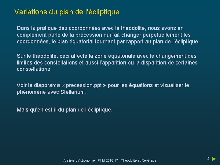 Variations du plan de l’écliptique Dans la pratique des coordonnées avec le théodolite, nous