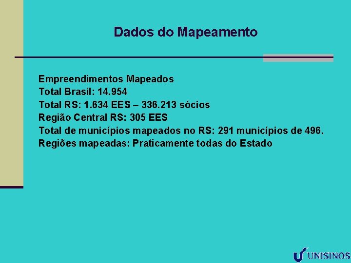 Dados do Mapeamento Empreendimentos Mapeados Total Brasil: 14. 954 Total RS: 1. 634 EES