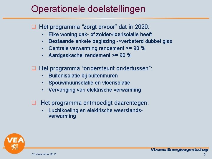 Operationele doelstellingen q Het programma “zorgt ervoor” dat in 2020: • • Elke woning