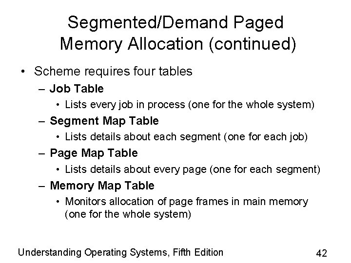 Segmented/Demand Paged Memory Allocation (continued) • Scheme requires four tables – Job Table •