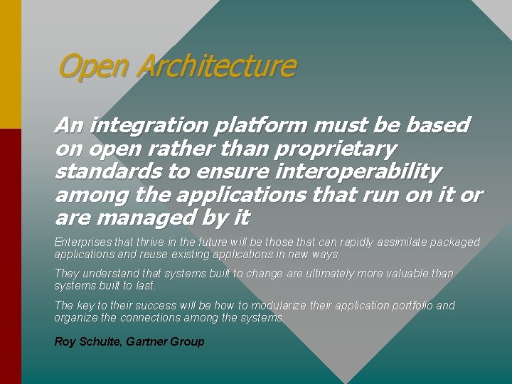Open Architecture An integration platform must be based on open rather than proprietary standards