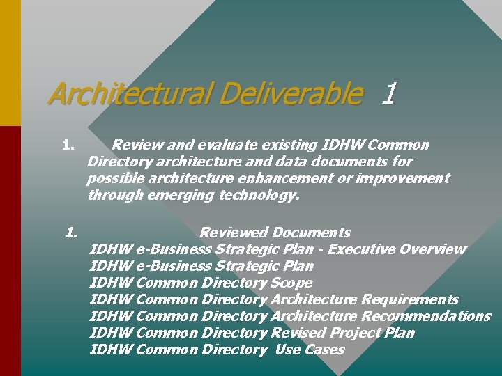 Architectural Deliverable 1 1. Review and evaluate existing IDHW Common Directory architecture and data