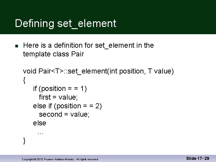 Defining set_element n Here is a definition for set_element in the template class Pair