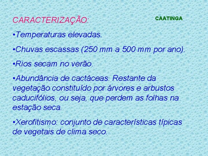 CARACTERIZAÇÃO: CAATINGA • Temperaturas elevadas. • Chuvas escassas (250 mm a 500 mm por