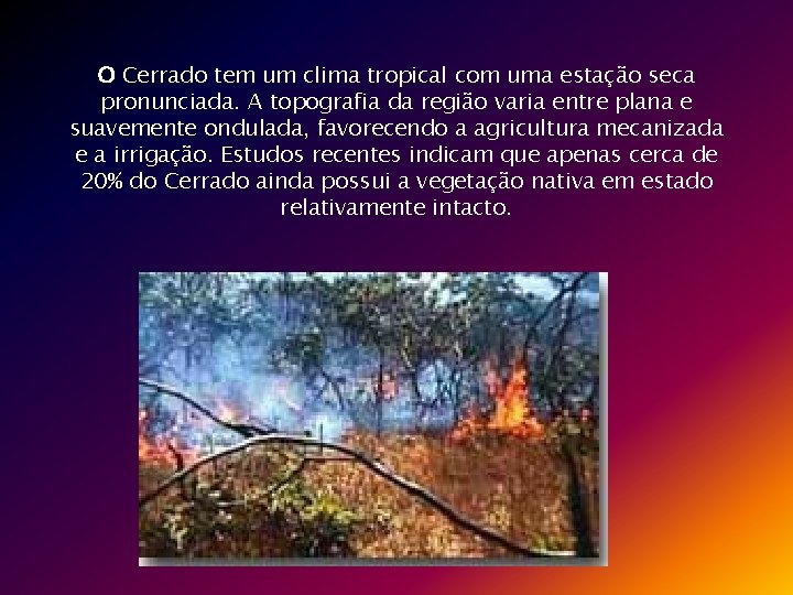 O Cerrado tem um clima tropical com uma estação seca pronunciada. A topografia da