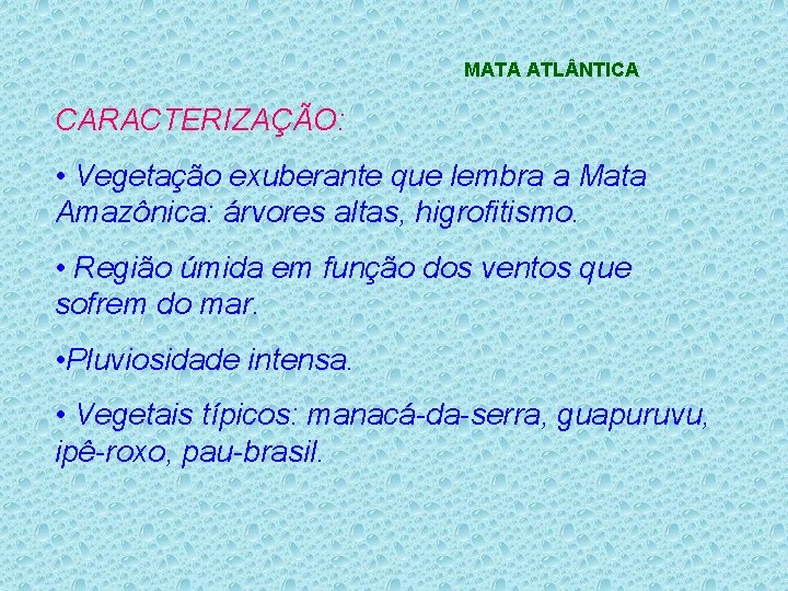 MATA ATL NTICA CARACTERIZAÇÃO: • Vegetação exuberante que lembra a Mata Amazônica: árvores altas,