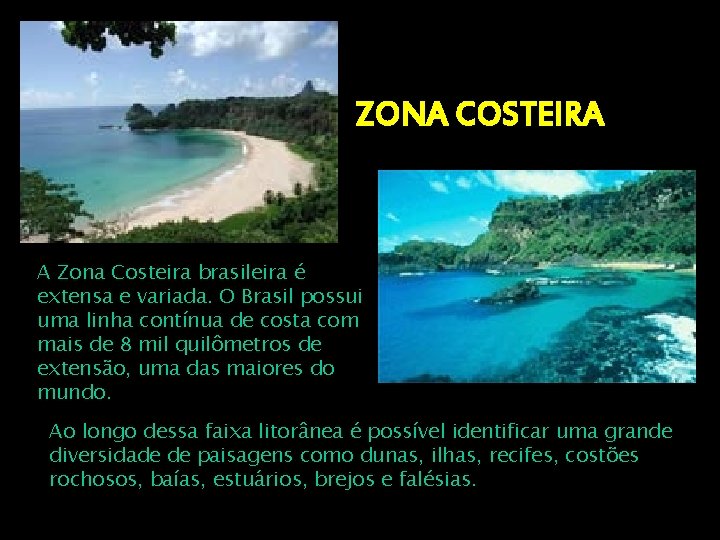 ZONA COSTEIRA A Zona Costeira brasileira é extensa e variada. O Brasil possui uma