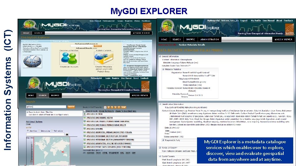 Information Systems (ICT) My. GDI EXPLORER My. GDI Explorer is a metadata catalogue services Information Systems (ICT) My. GDI EXPLORER My. GDI Explorer is a metadata catalogue services