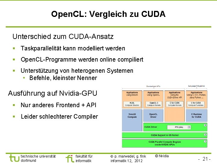 Open. CL: Vergleich zu CUDA Unterschied zum CUDA-Ansatz § Taskparallelität kann modelliert werden § Open. CL: Vergleich zu CUDA Unterschied zum CUDA-Ansatz § Taskparallelität kann modelliert werden §