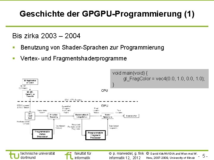 Geschichte der GPGPU-Programmierung (1) Bis zirka 2003 – 2004 § Benutzung von Shader-Sprachen zur