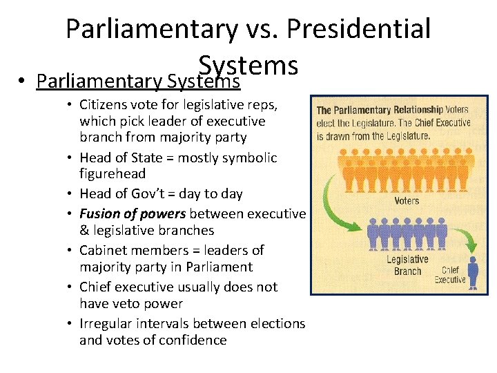 • Parliamentary vs. Presidential Systems Parliamentary Systems • Citizens vote for legislative reps, • Parliamentary vs. Presidential Systems Parliamentary Systems • Citizens vote for legislative reps,