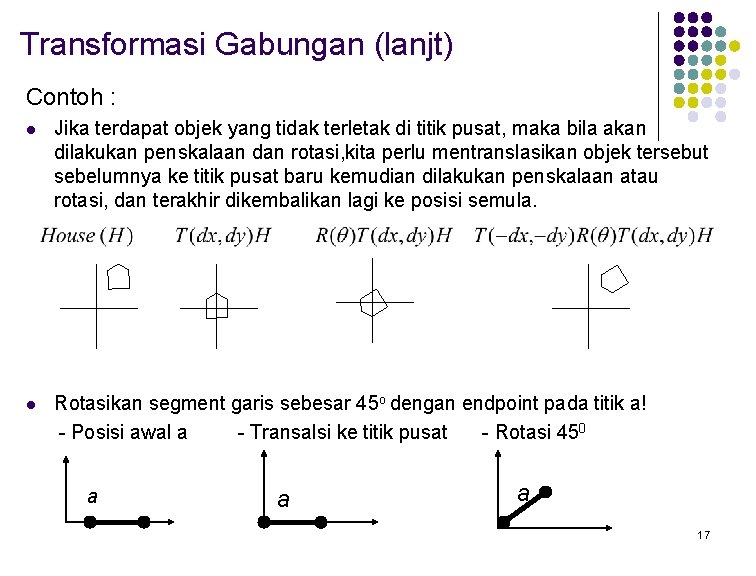 Transformasi Gabungan (lanjt) Contoh : l Jika terdapat objek yang tidak terletak di titik