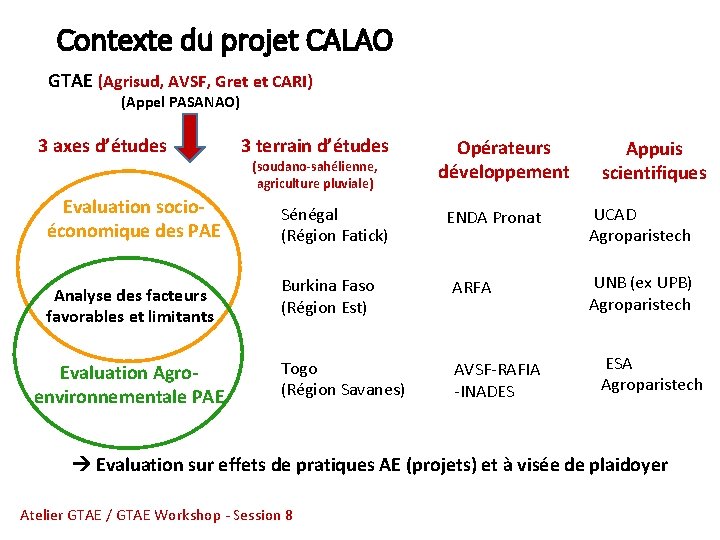 Contexte du projet CALAO GTAE (Agrisud, AVSF, Gret et CARI) (Appel PASANAO) 3 axes