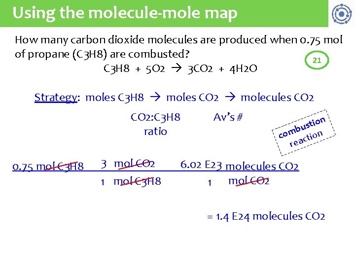 Using the molecule-mole map How many carbon dioxide molecules are produced when 0. 75