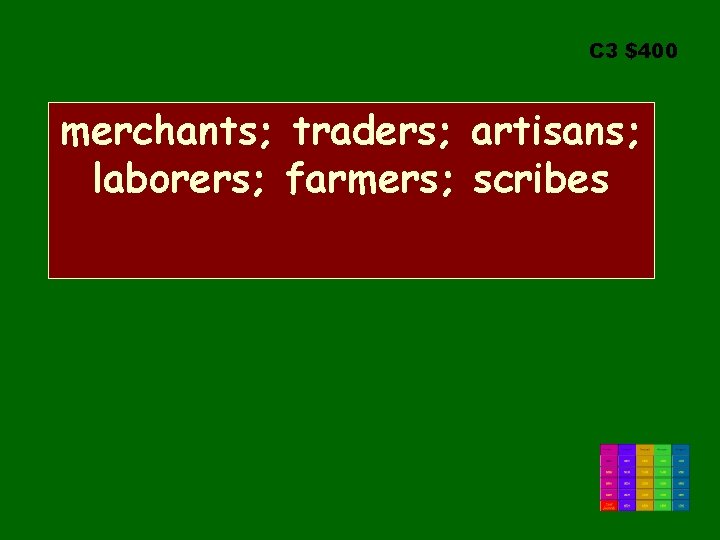 C 3 $400 merchants; traders; artisans; laborers; farmers; scribes 