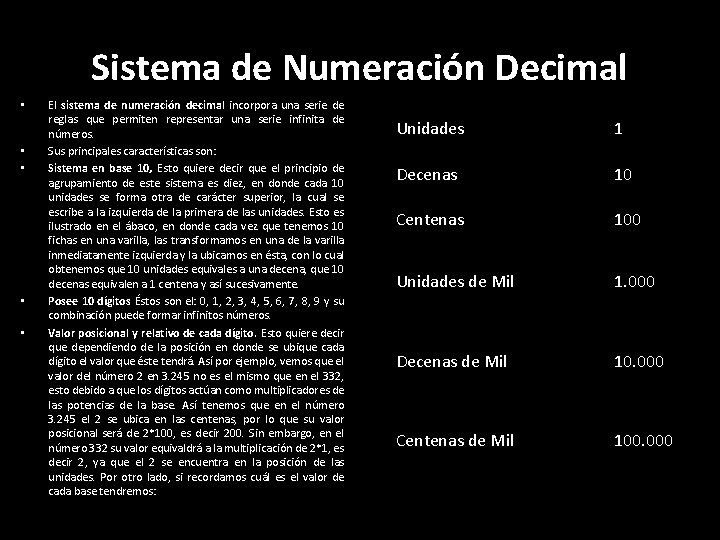 Sistema de Numeración Decimal • • • El sistema de numeración decimal incorpora una