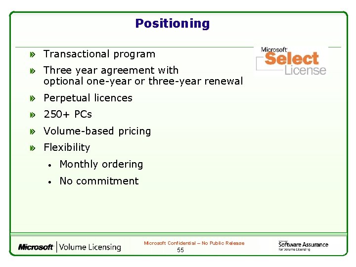 Positioning Transactional program Three year agreement with optional one-year or three-year renewal Perpetual licences
