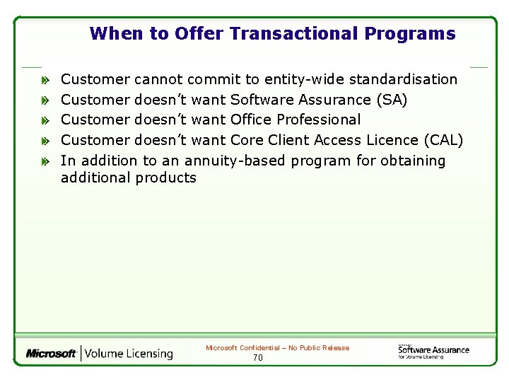 When to Offer Transactional Programs Customer cannot commit to entity-wide standardisation Customer doesn’t want