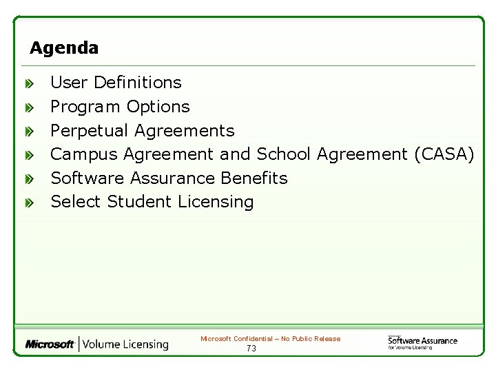 Agenda User Definitions Program Options Perpetual Agreements Campus Agreement and School Agreement (CASA) Software