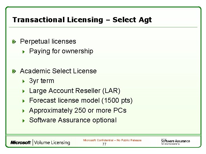 Transactional Licensing – Select Agt Perpetual licenses Paying for ownership Academic Select License 3