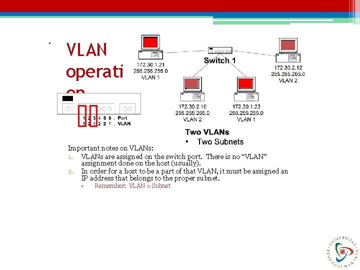 . VLAN operati on Important notes on VLANs: 1. VLANs are assigned on the