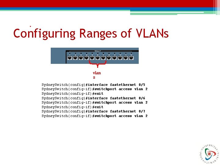 . Configuring Ranges of VLANs vlan 2 Sydney. Switch(config)#interface fastethernet 0/5 Sydney. Switch(config-if)# switchport