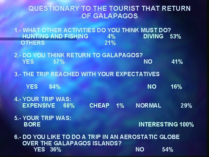 QUESTIONARY TO THE TOURIST THAT RETURN OF GALAPAGOS 1. - WHAT OTHER ACTIVITIES DO