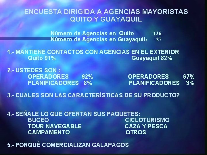 ENCUESTA DIRIGIDA A AGENCIAS MAYORISTAS QUITO Y GUAYAQUIL Número de Agencias en Quito: 136