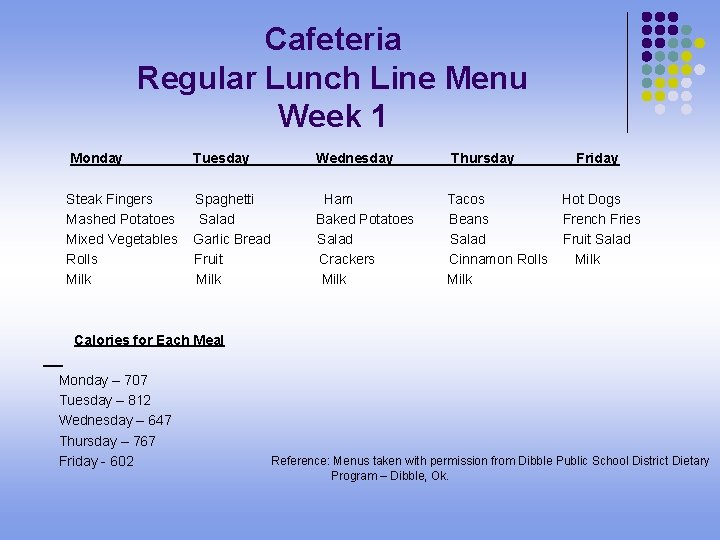 Cafeteria Regular Lunch Line Menu Week 1 Monday Tuesday Wednesday Steak Fingers Mashed Potatoes