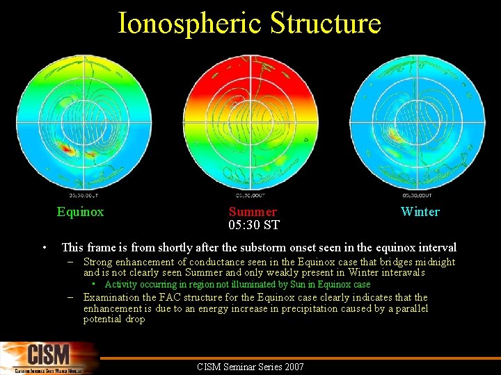 Ionospheric Structure Equinox • Summer 05: 30 ST Winter This frame is from shortly