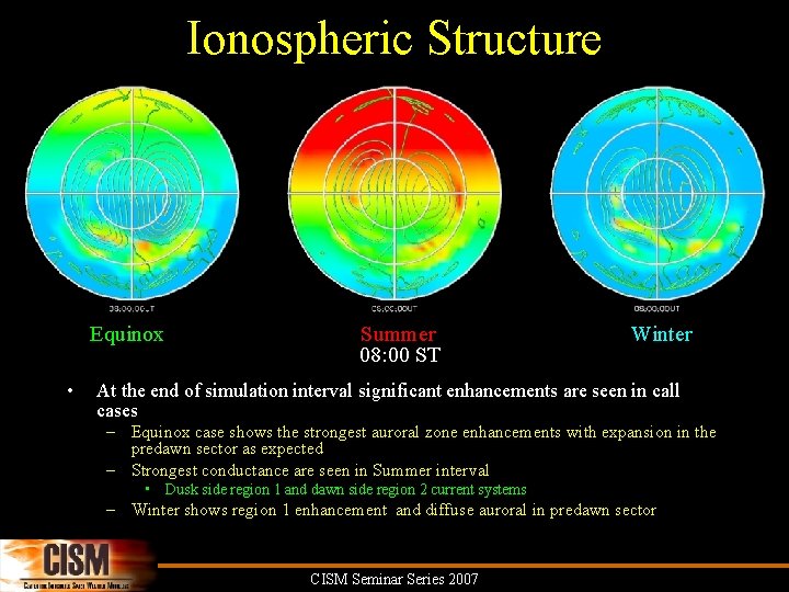 Ionospheric Structure Equinox • Summer 08: 00 ST Winter At the end of simulation