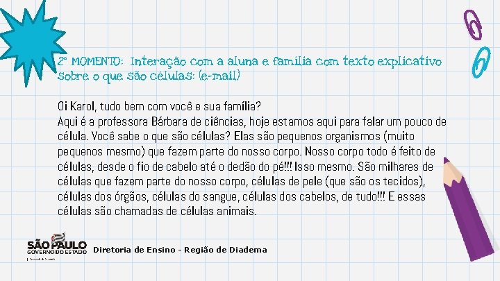 2º MOMENTO: Interação com a aluna e família com texto explicativo sobre o que