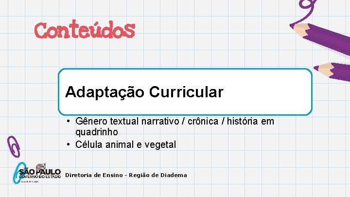 Conteúdos Adaptação Curricular • Gênero textual narrativo / crônica / história em quadrinho •