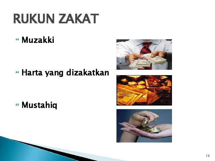 RUKUN ZAKAT Muzakki Harta yang dizakatkan Mustahiq 13 