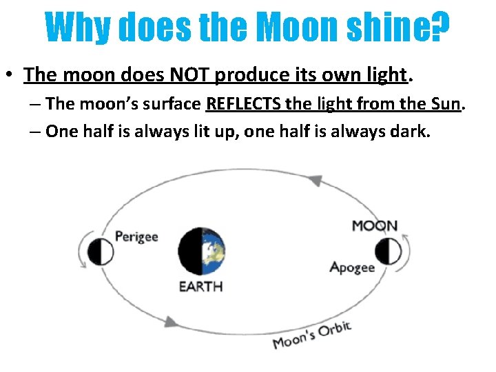 Why does the Moon shine? • The moon does NOT produce its own light. Why does the Moon shine? • The moon does NOT produce its own light.