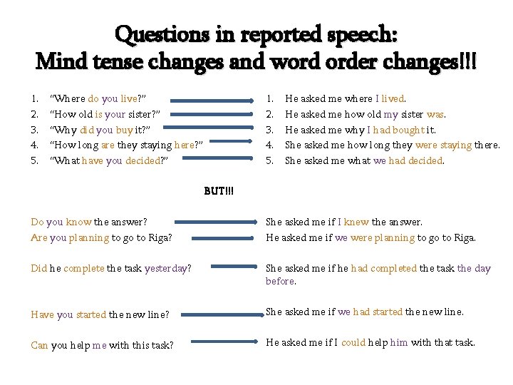 Questions in reported speech: Mind tense changes and word order changes!!! 1. 2. 3.