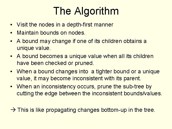 The Algorithm • Visit the nodes in a depth-first manner • Maintain bounds on