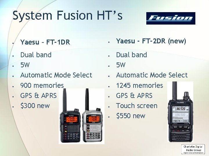 System Fusion HT’s Yaesu – FT-1 DR Dual band 5 W Automatic Mode Select