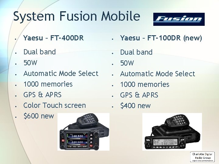 System Fusion Mobile Yaesu – FT-400 DR Dual band 50 W Automatic Mode Select